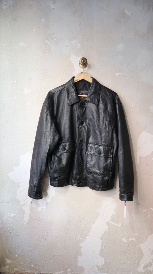 Black Italian Leather Bomber Jacket / M