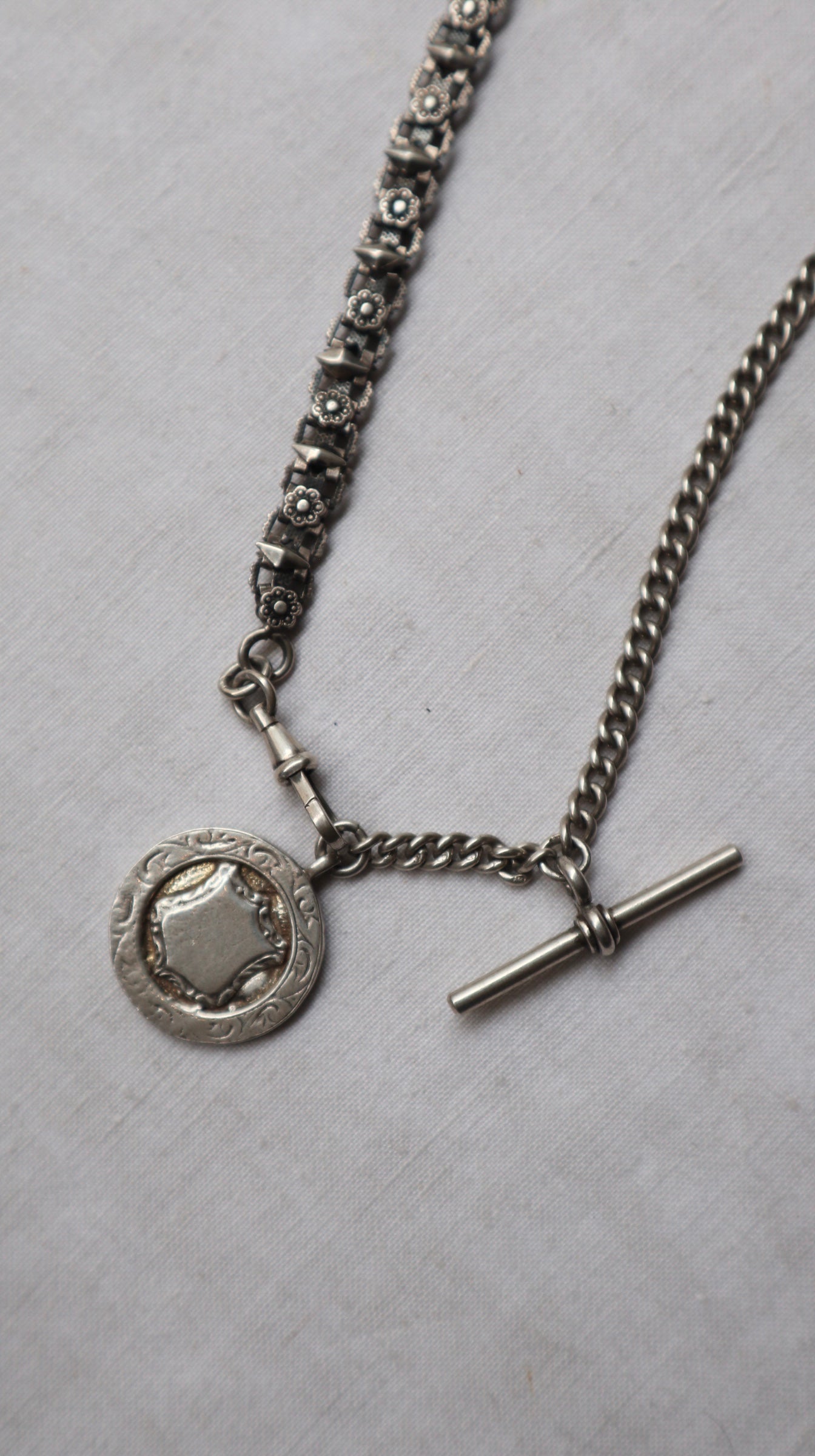 Antique silver Albert chain with T Bar & Fob