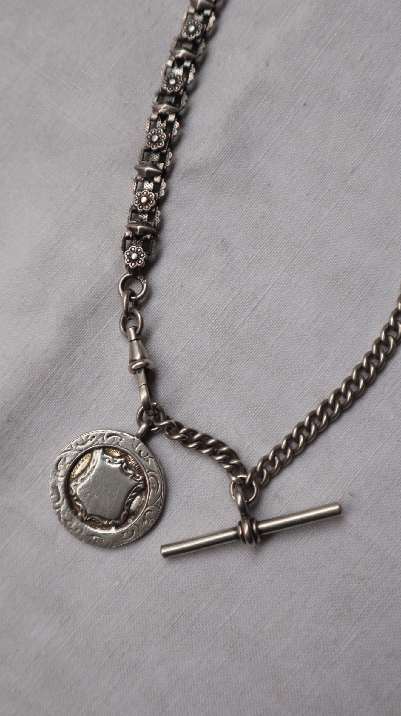 Antique silver Albert chain with T Bar & Fob