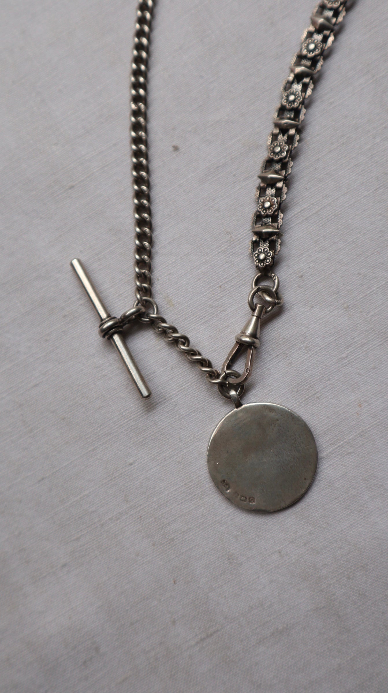 Antique silver Albert chain with T Bar & Fob